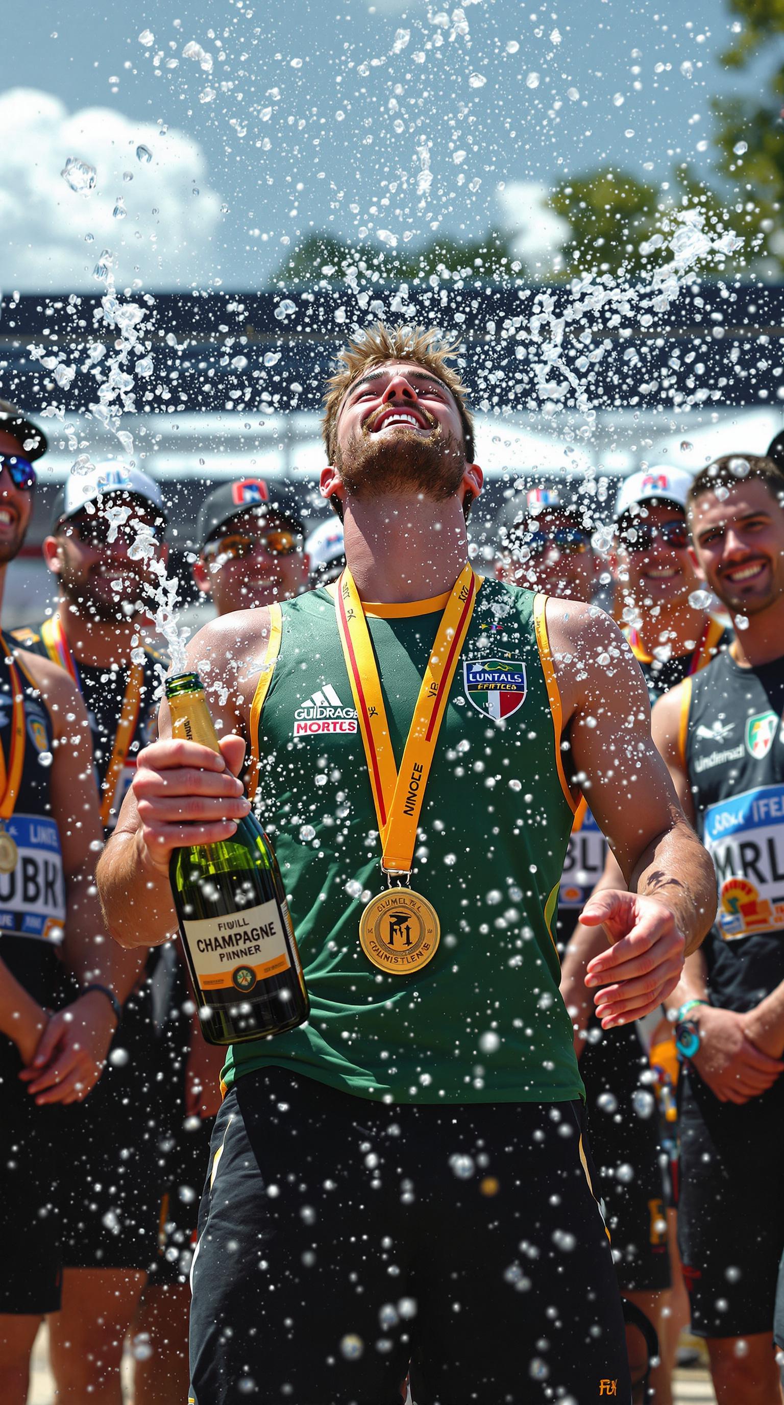 FLUX prompt: Summer.       The winner with a medal stands in a ...