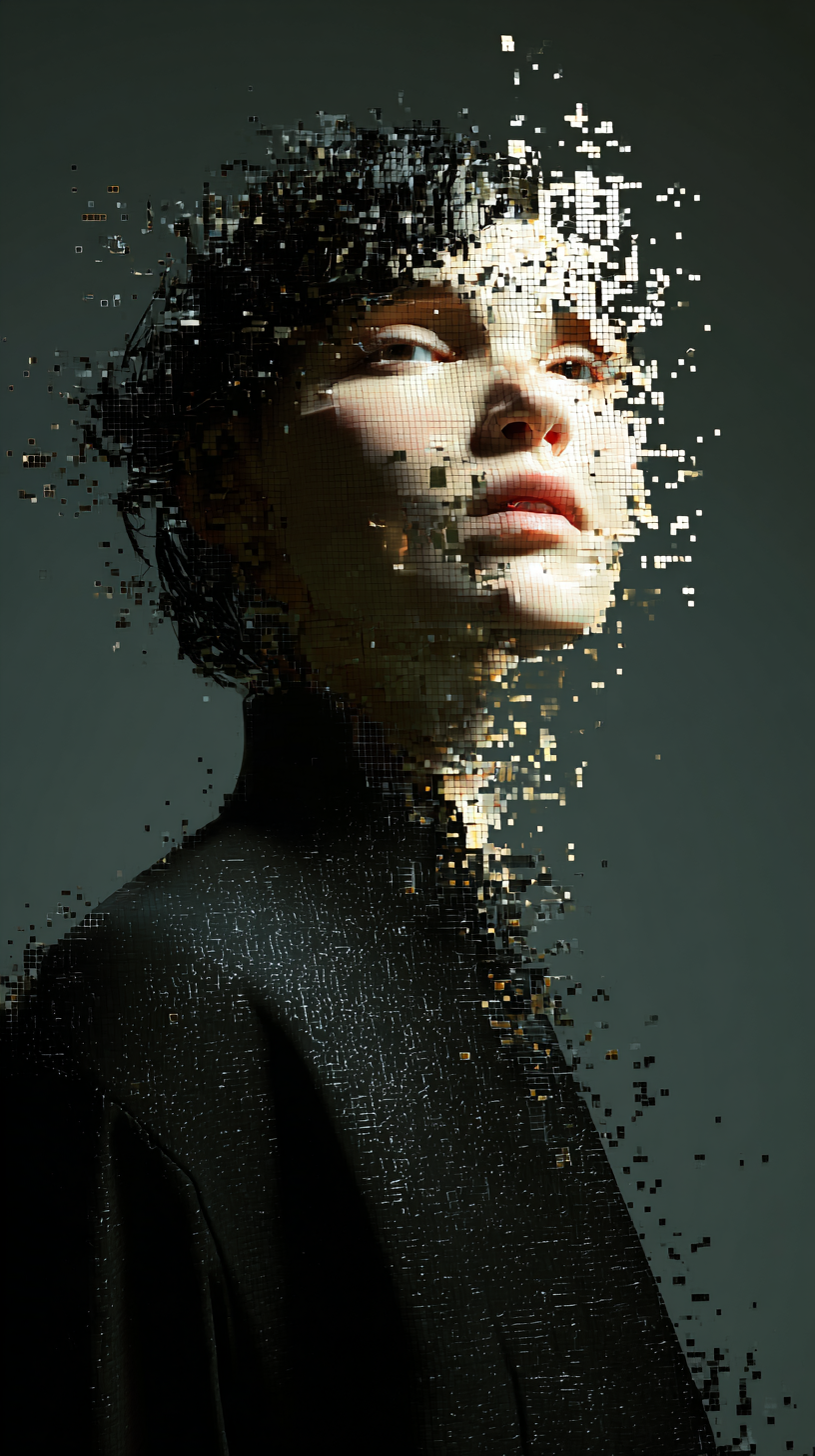 Midjourney Shatter prompt: portrait of a woman, front shot, gaze, avant-garde...