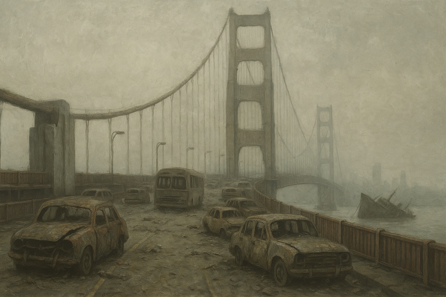 Sora prompt: A desolate, post-apocalyptic Golden Gate Bridge, r...