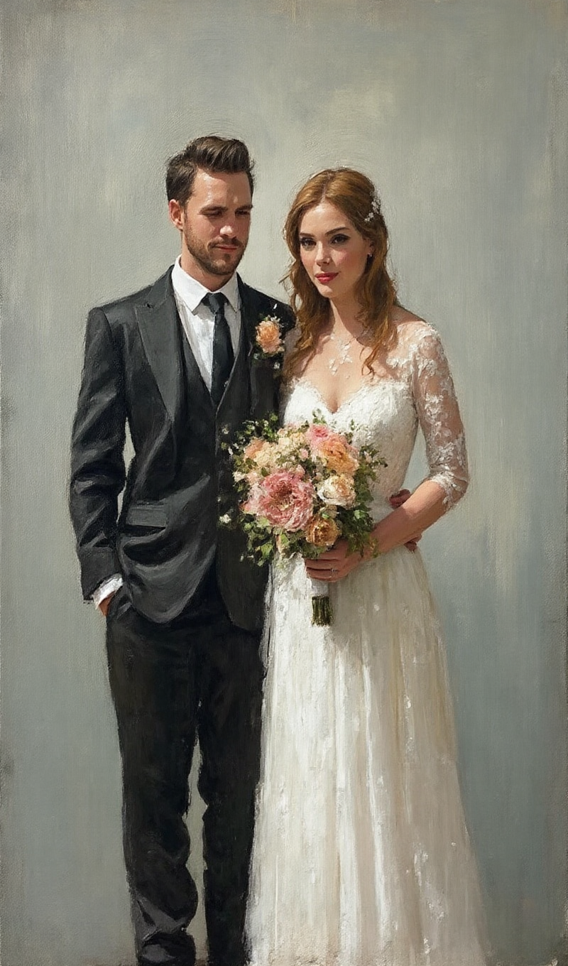 Flux.1-Dev (v1+v2) Flux.1-Schnell BNB NF4 prompt: Oil painting on canvas of a couple standing next t...