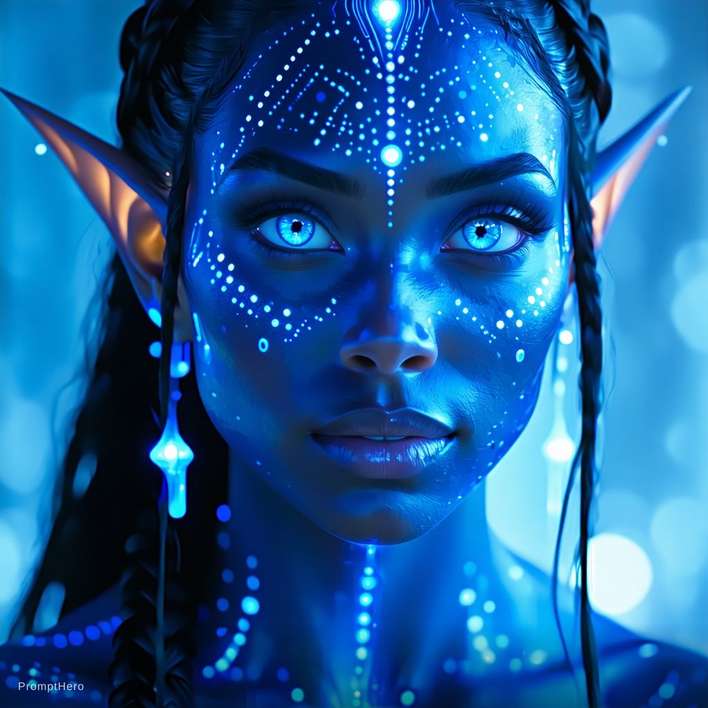 Stable Diffusion  prompt: blue humanoid avatar with bioluminescent avatar ma...
