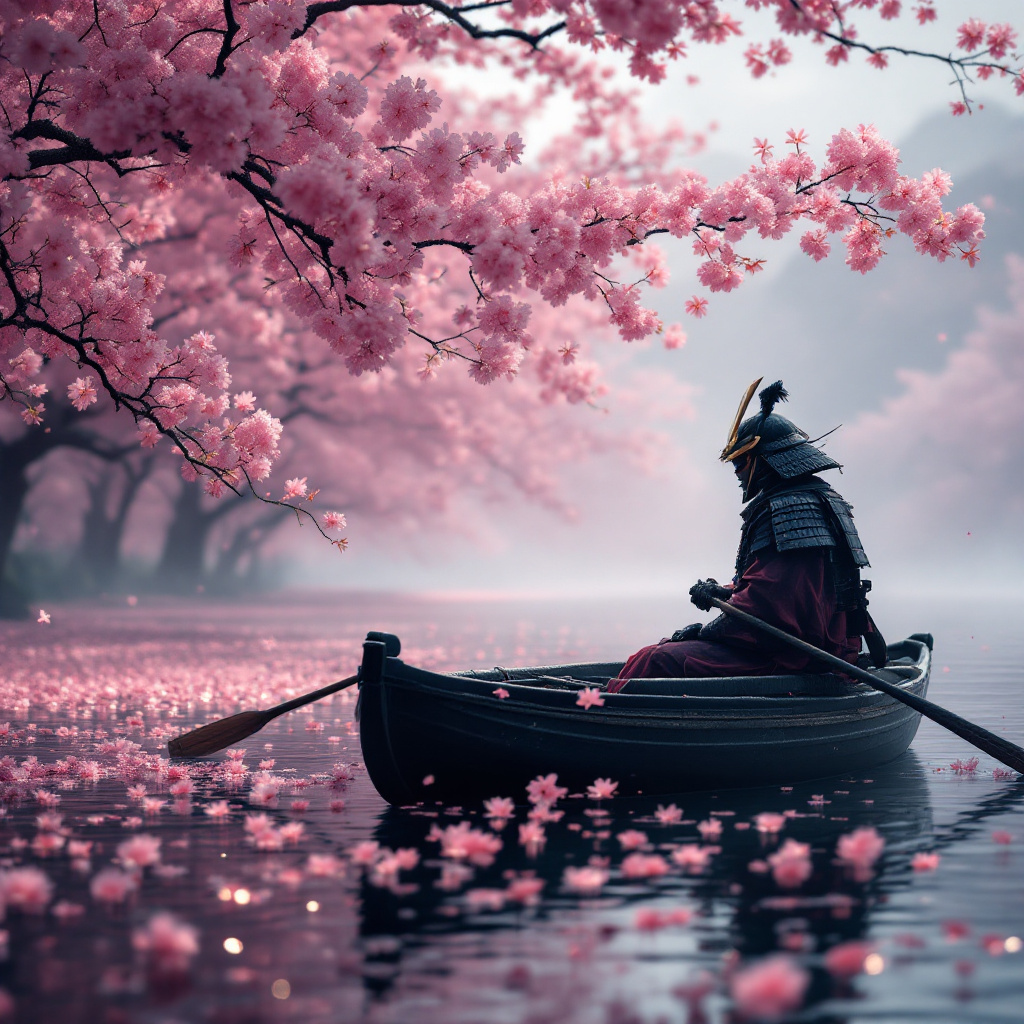FLUX prompt: a samurai in a boat in the middle of the cherry bl...