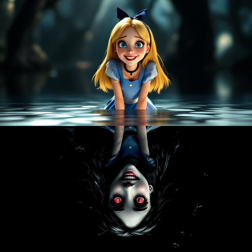 FLUX prompt: Sharp contrast, top: Alice from 'Alice in Wonderla...