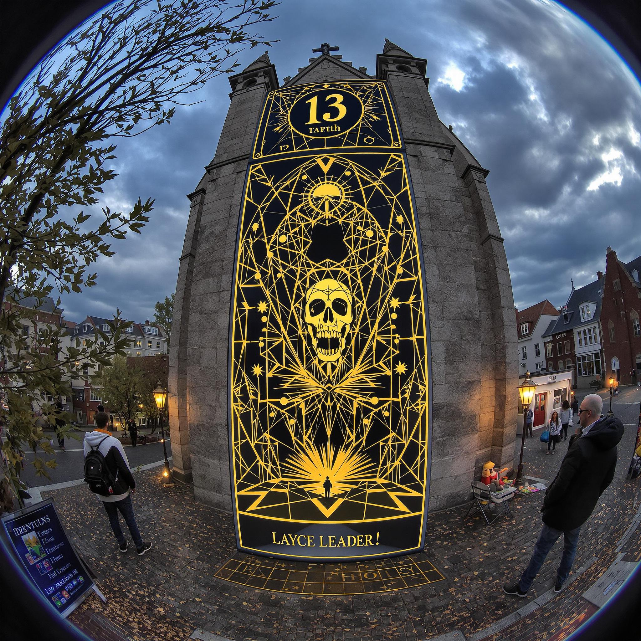 FLUX prompt: Hyper realistic fisheye exterior photo of a tarot ...