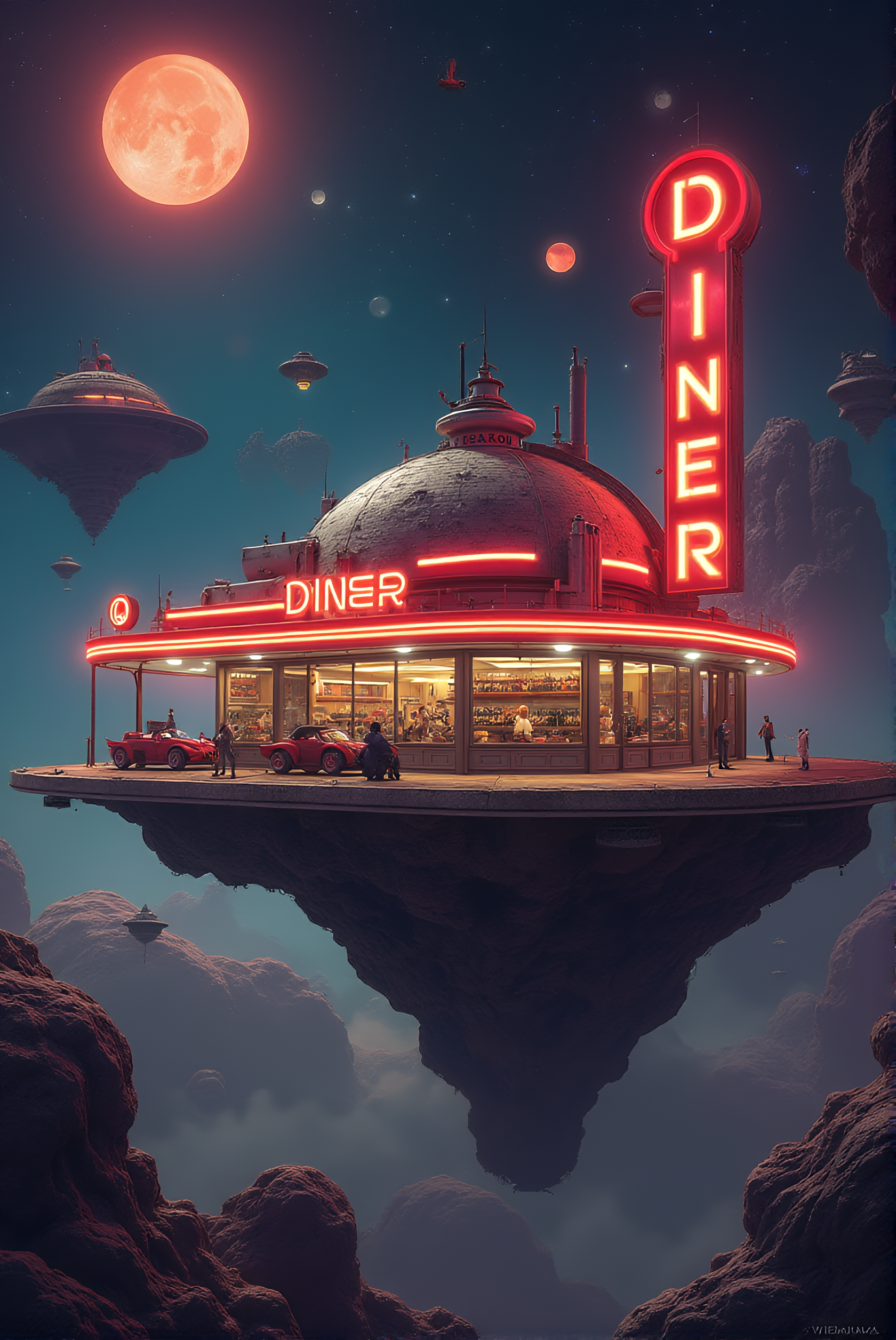 FLUX prompt: a sci fi image,retro scifi,50th style a diner on a...