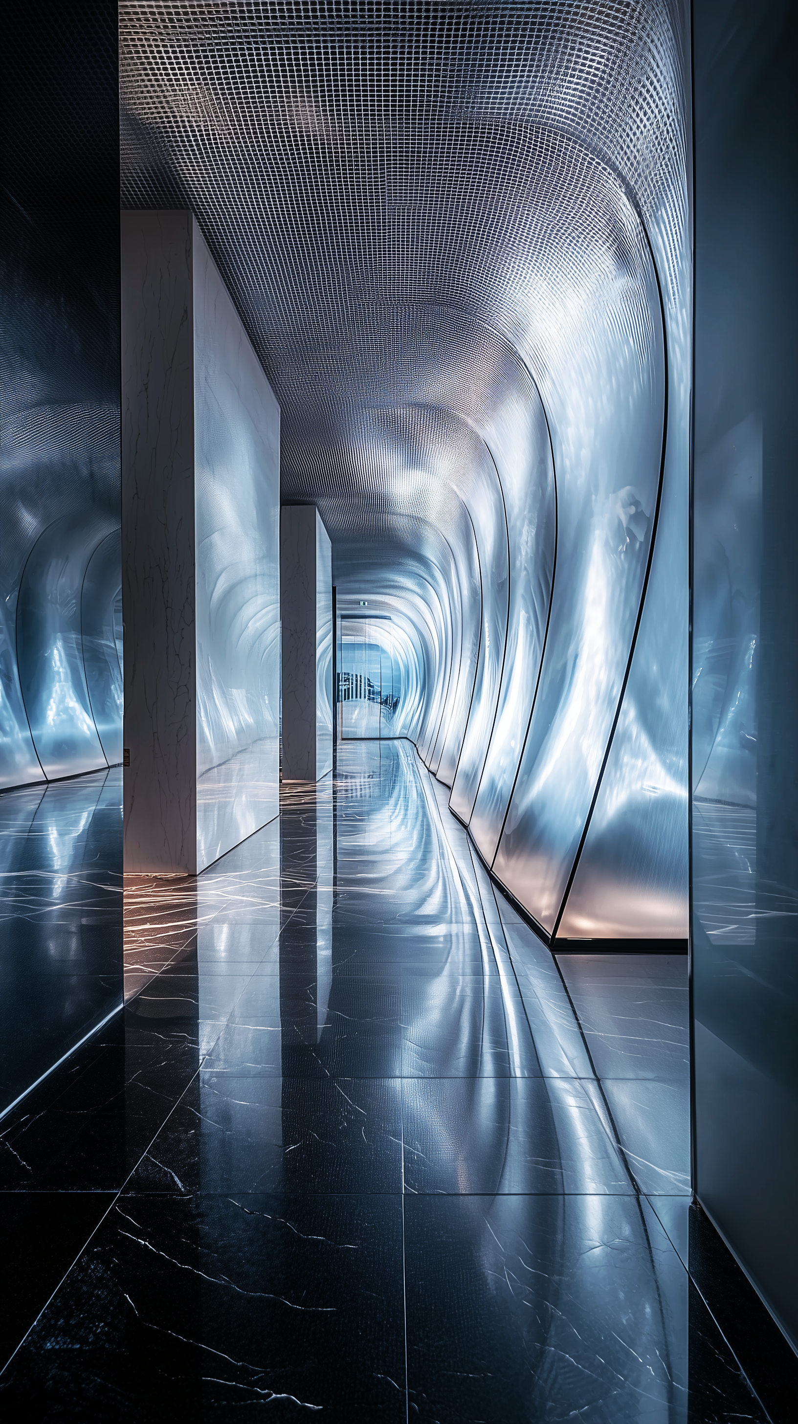 Midjourney prompt: contemporary art gallery entrance with cascading l...
