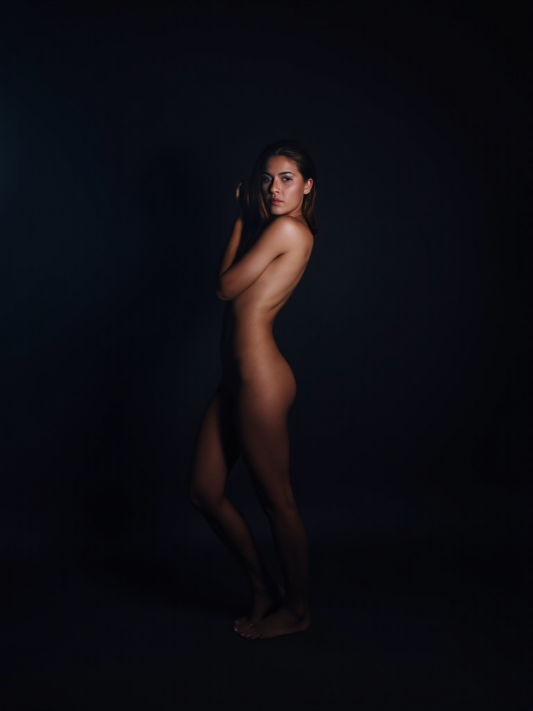 FLUX prompt: A dark, intimate fine art portrait of a woman stan...
