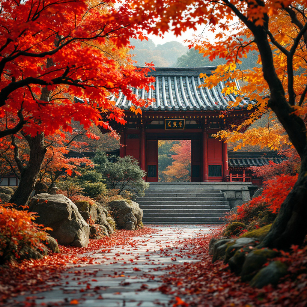 FLUX prompt: a Japanese temple in autumn leaves red orange and