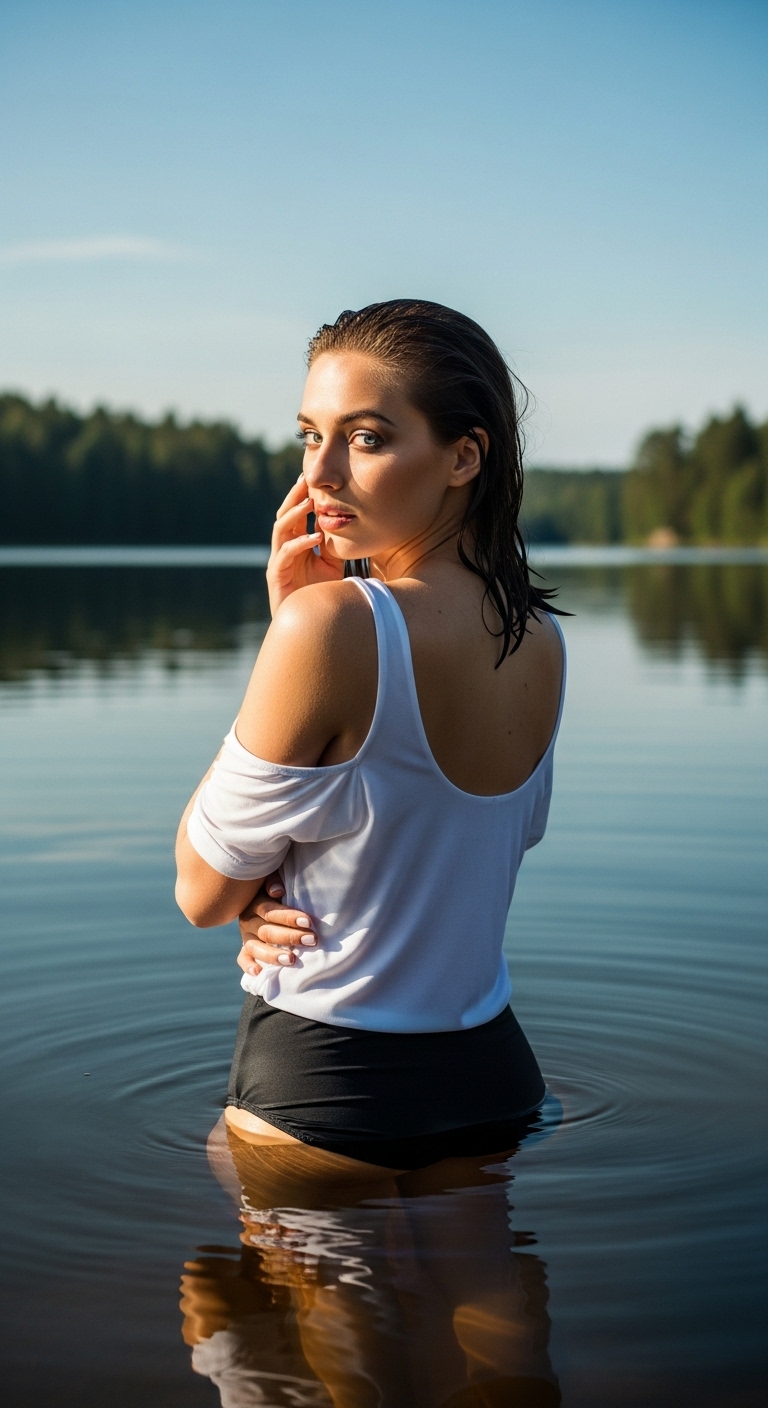Google Imagen prompt: A woman stands in a serene lake, her back to the v...