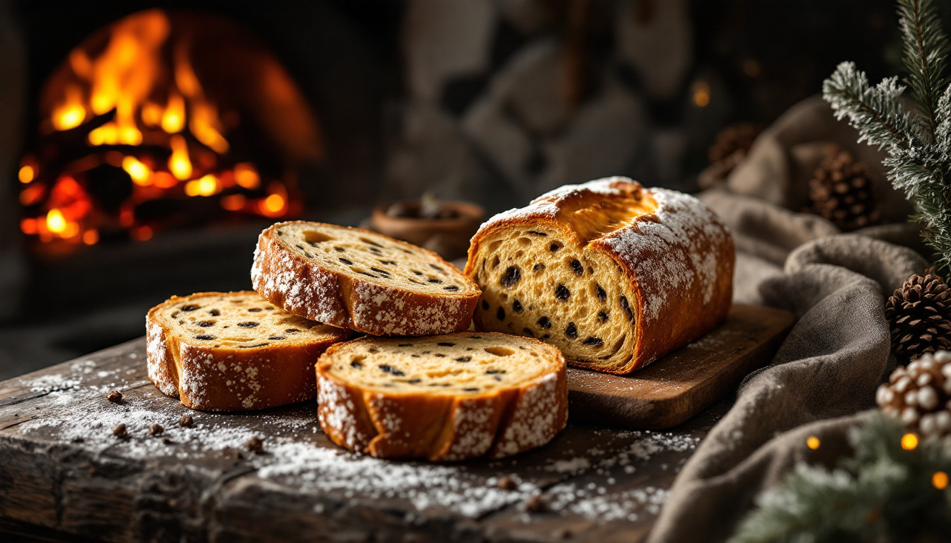 FLUX prompt: Still life with traditional Christmas stollen brea...