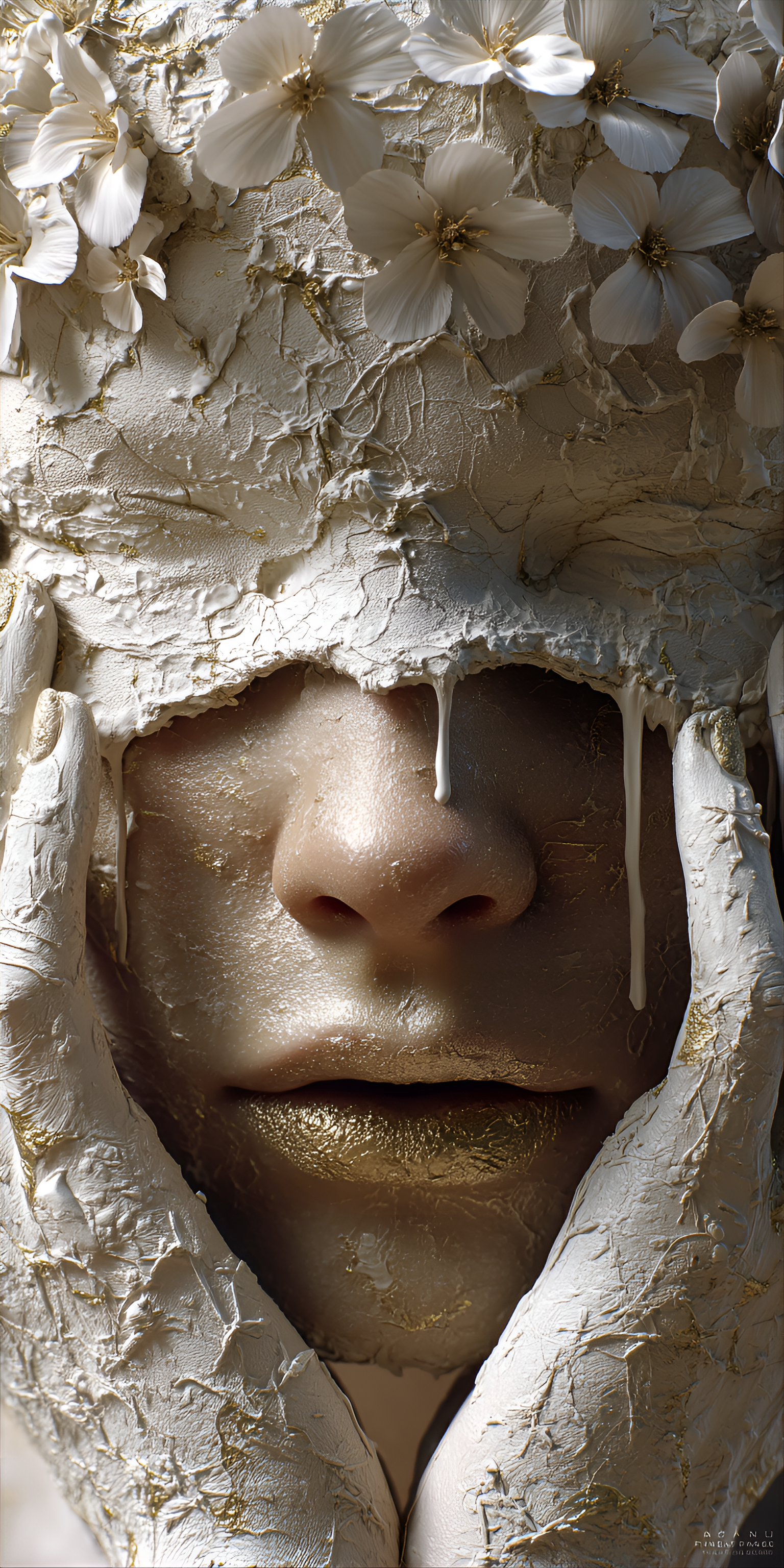 Midjourney prompt: woman's face, partially obscured by a mask made of...