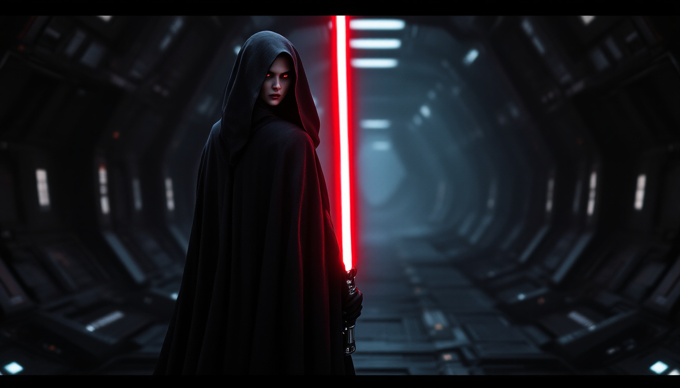 FLUX prompt: Woman, Sith lord, red eyes, red light saber in rig...