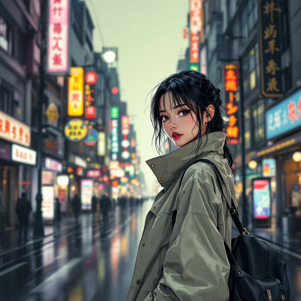 FLUX prompt: a japanese woman in a raincoat standing on a city ...