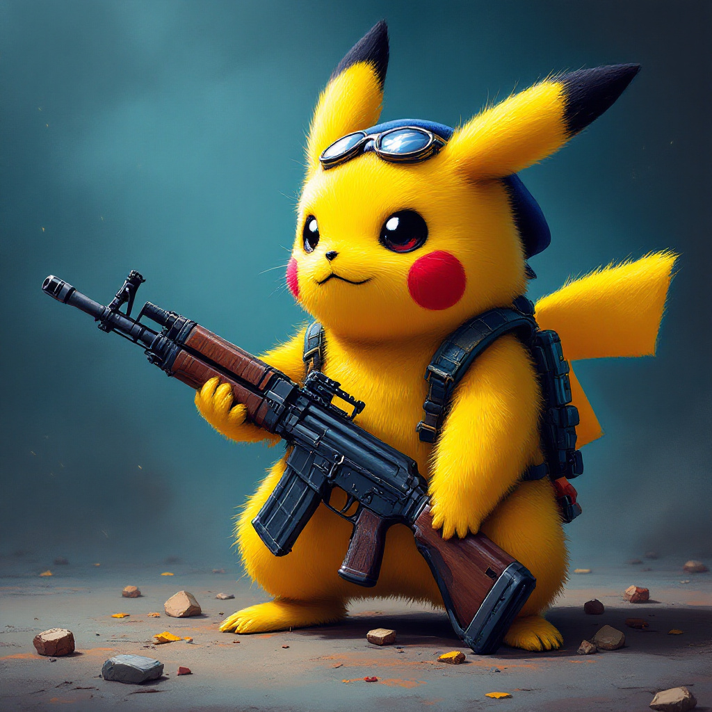 FLUX prompt: pikachu with an ak47, part of the crips gang