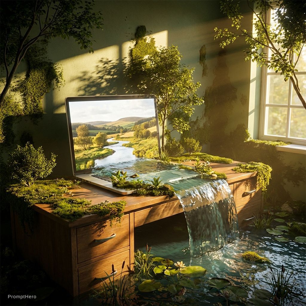 Nano Banana prompt: On a desk, a laptop displays a wallpaper of a coun...
