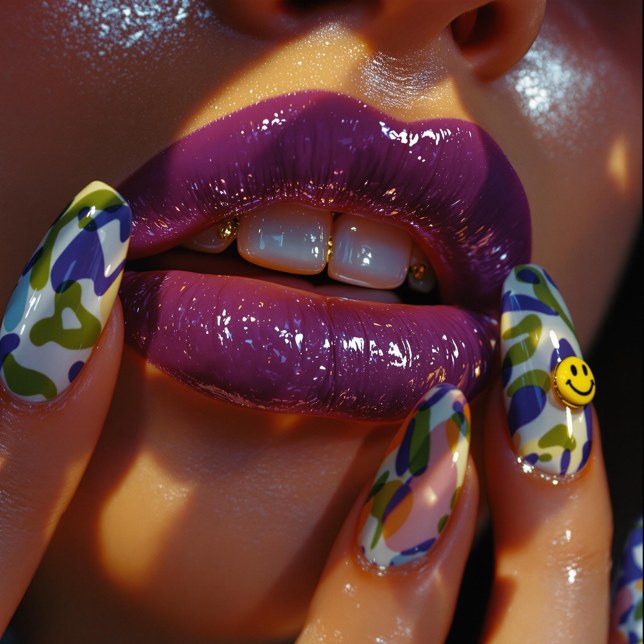FLUX prompt: close-up photograph of glossy purple, full lips sl...