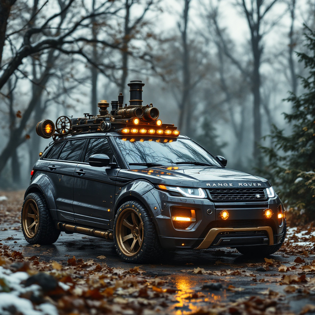 FLUX prompt: Steampunk tarzında en son model gri Range Rover ev...
