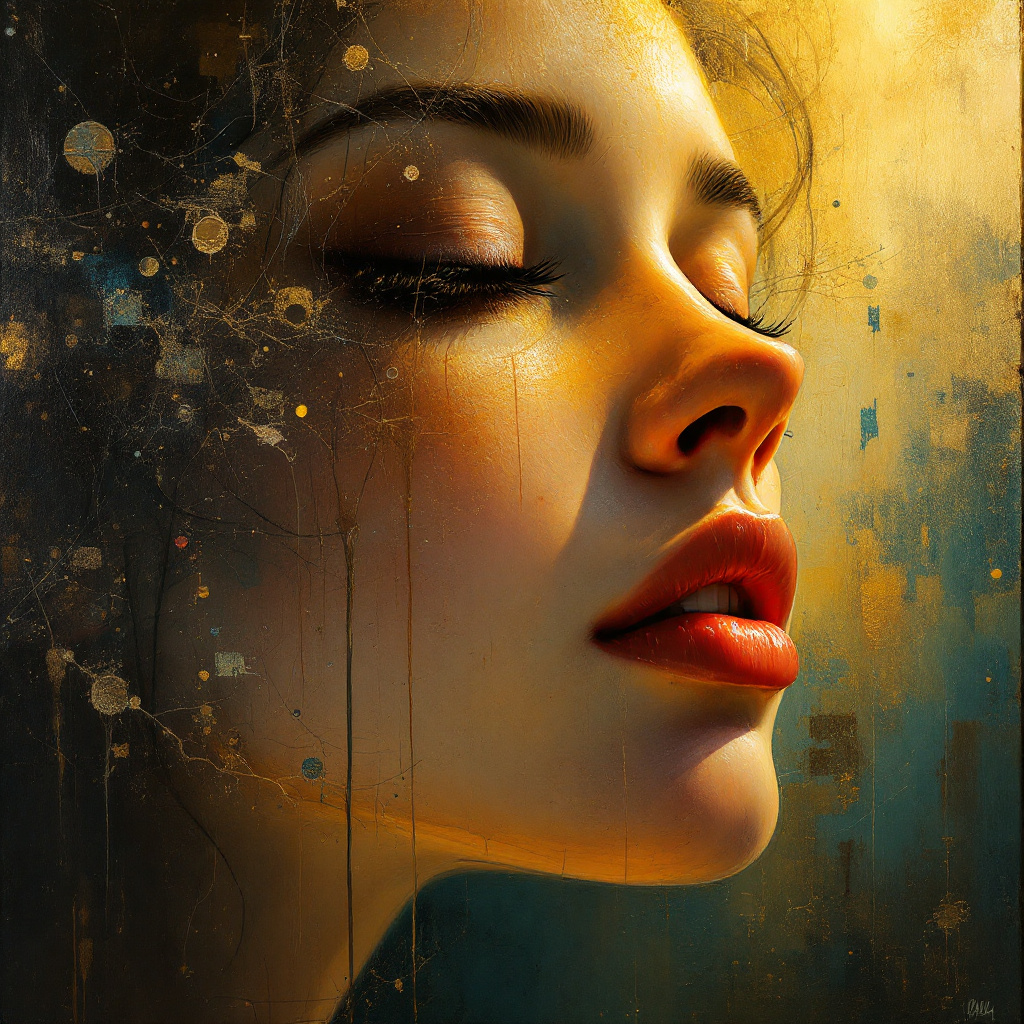FLUX prompt: A surreal oil painting of a person's face in extre...