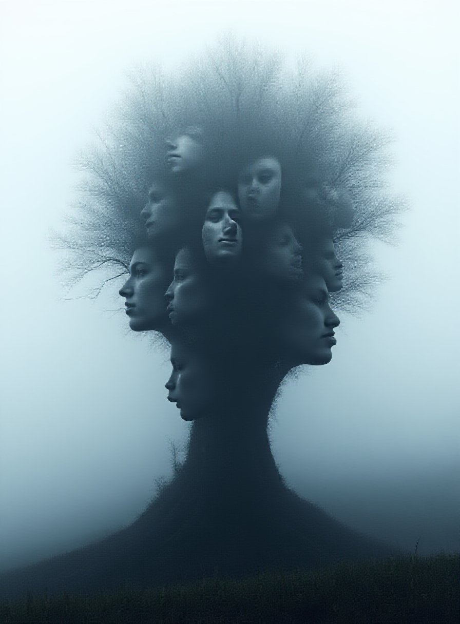 FLUX prompt: a tree made of Multiple human faces, a foggy mount...