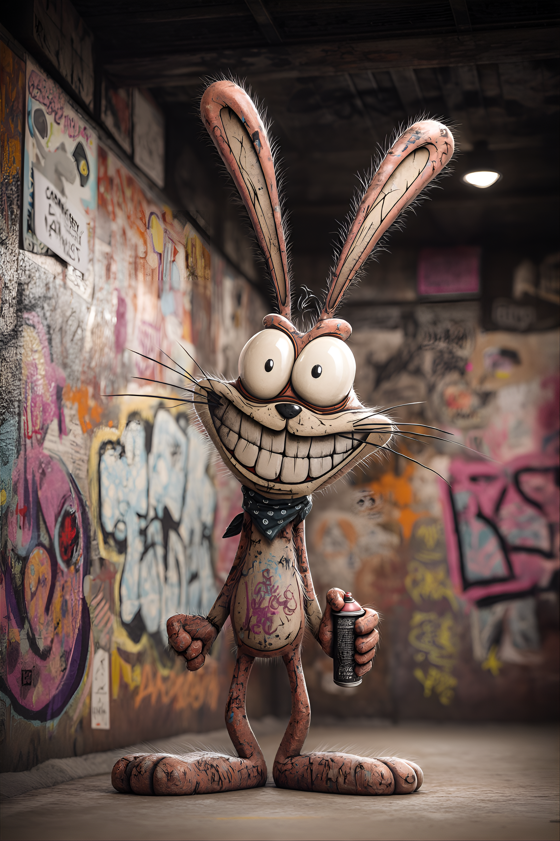 Midjourney prompt: funny caricature, graffiti rabbit, 15 years old, u...
