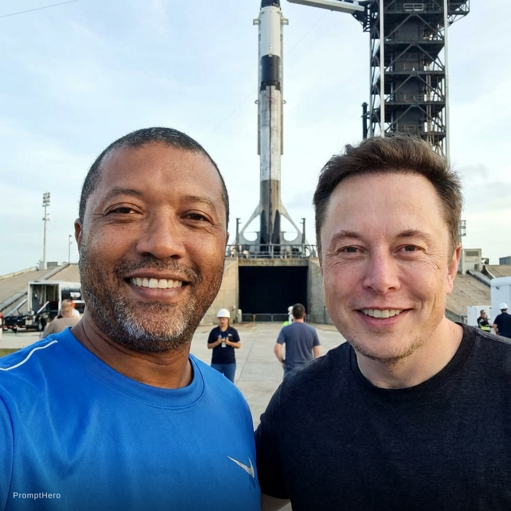 Nano Banana prompt: with Elon Musk in front of a SpaceX rocket, profes...