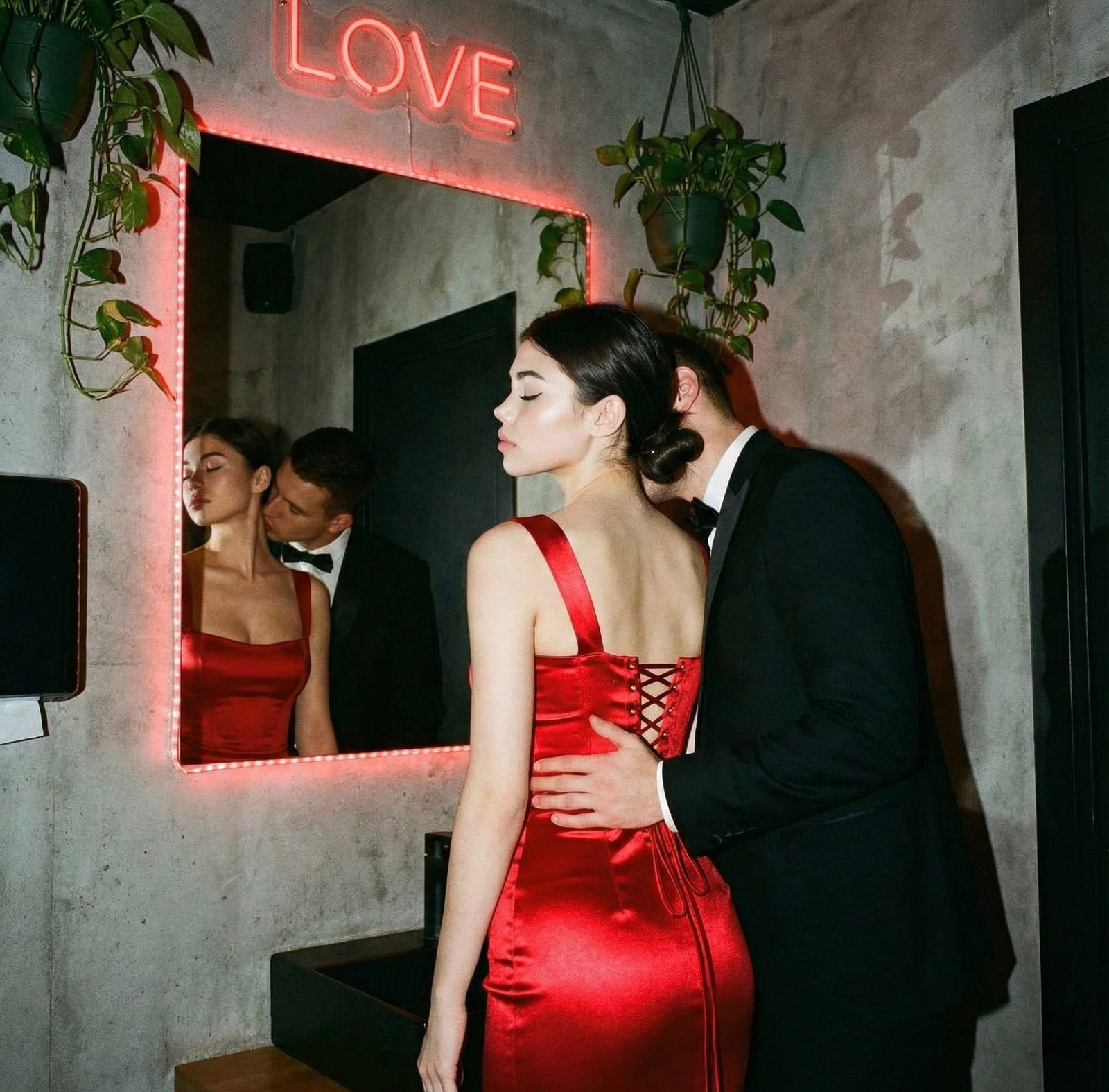 Red Dress Neon Reflection