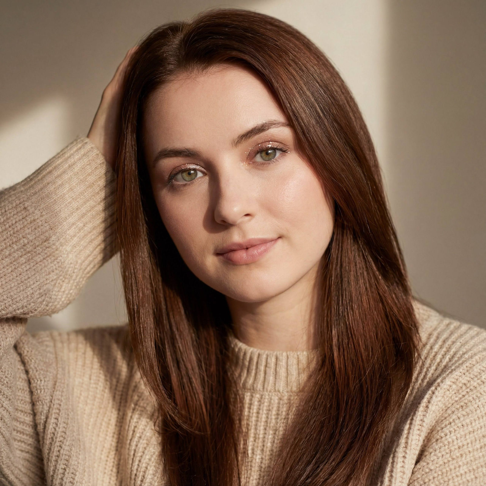 Cozy Close-Up Portrait of a Young Woman in a Beige Sweater