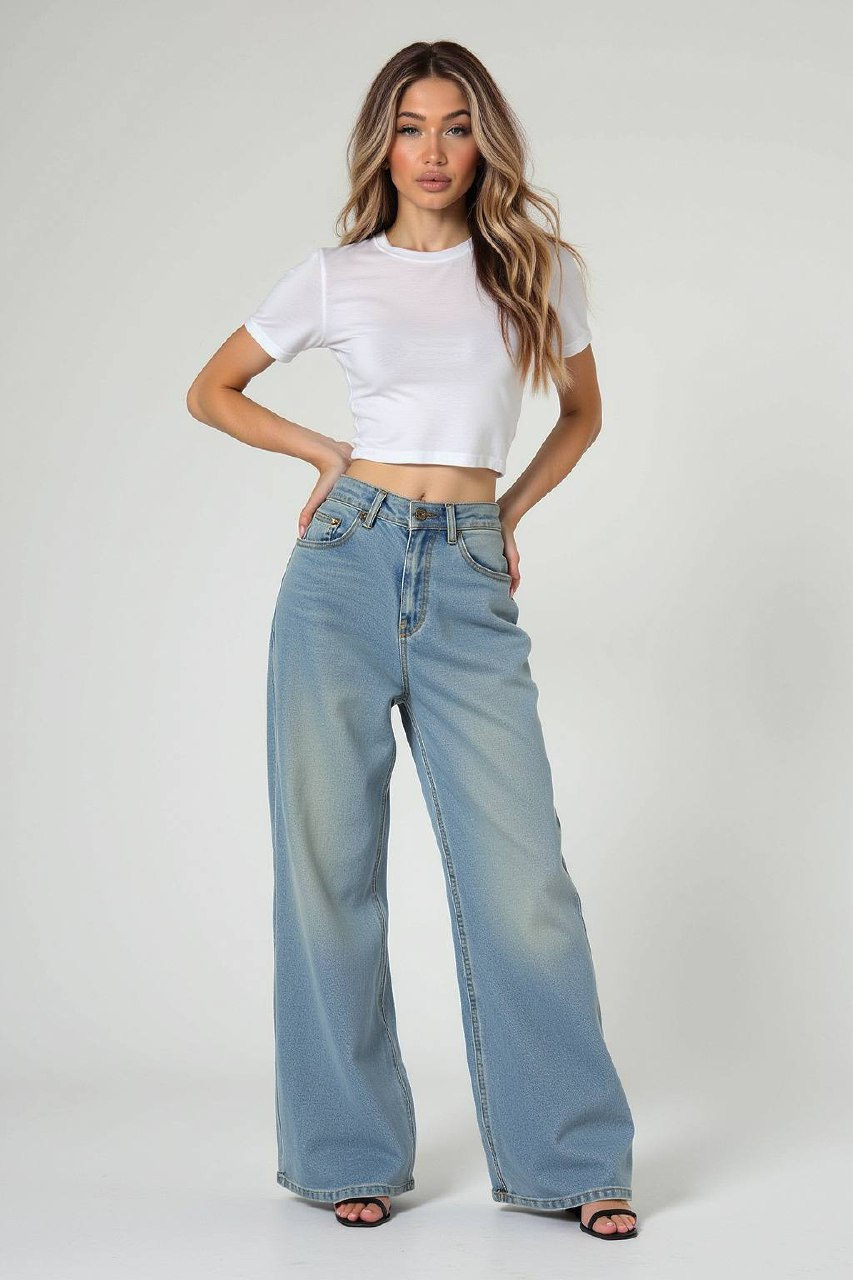 Full-Body Fashion Editorial of Young Woman in Blue Wide-Leg Jeans