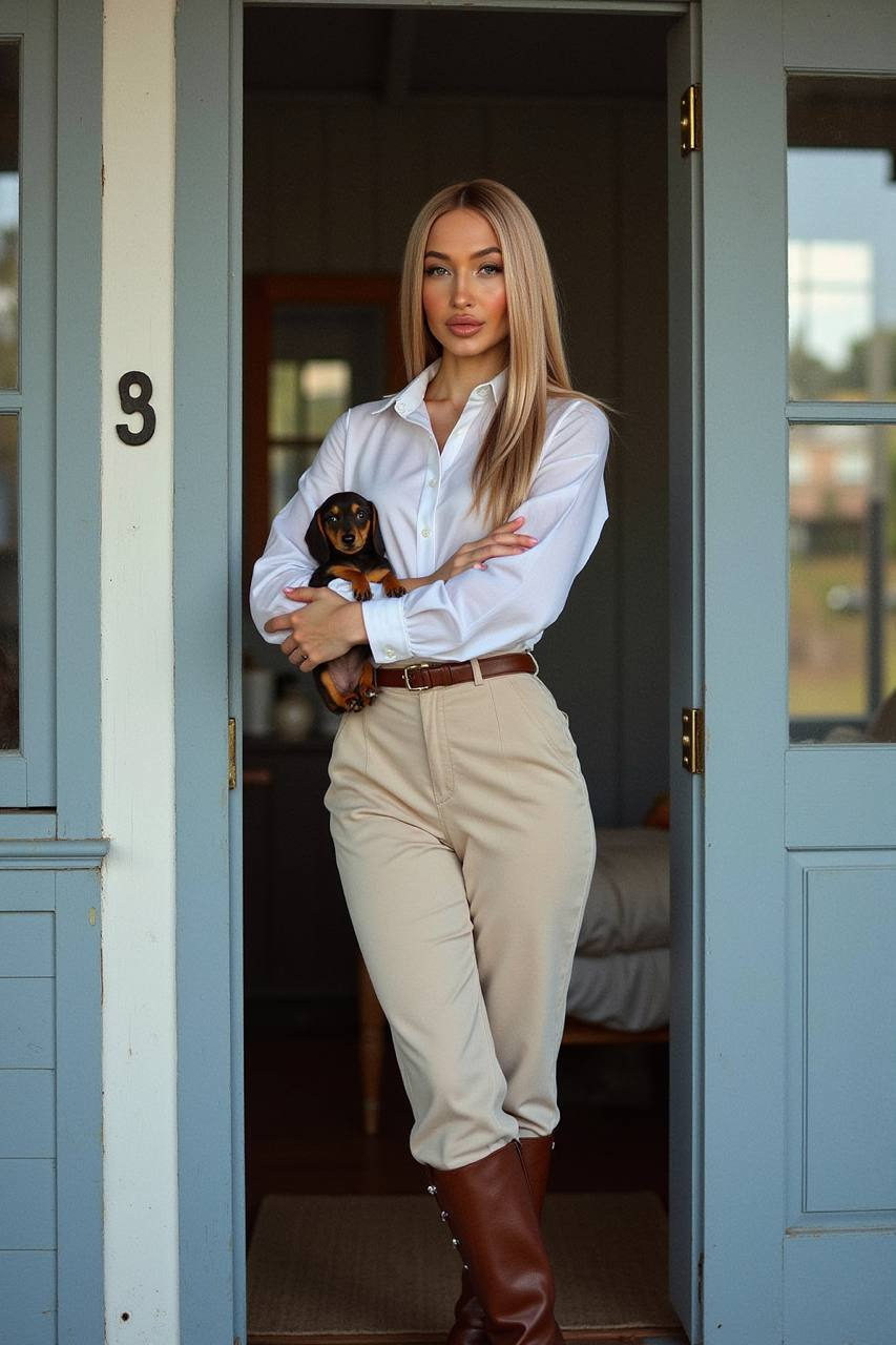 Beige Trousers Dachshund Doorway