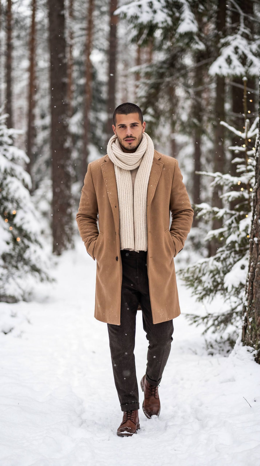 Camel Coat Snow Forest