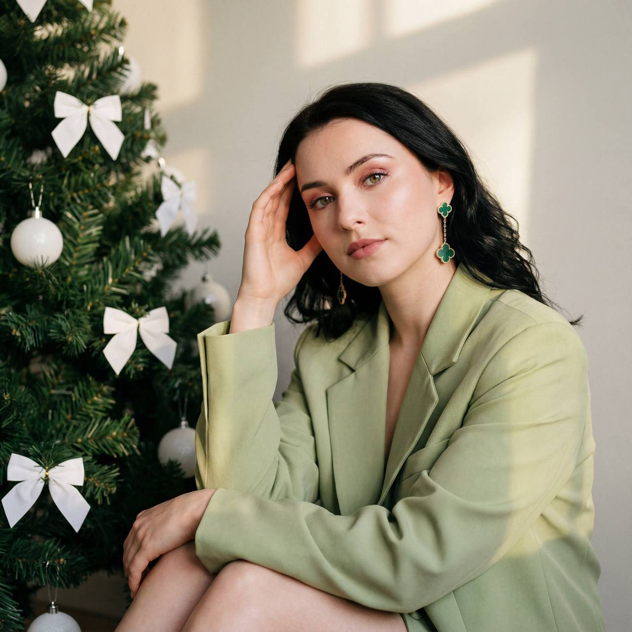 Confident Woman in Green Jacket Near Christmas Tree