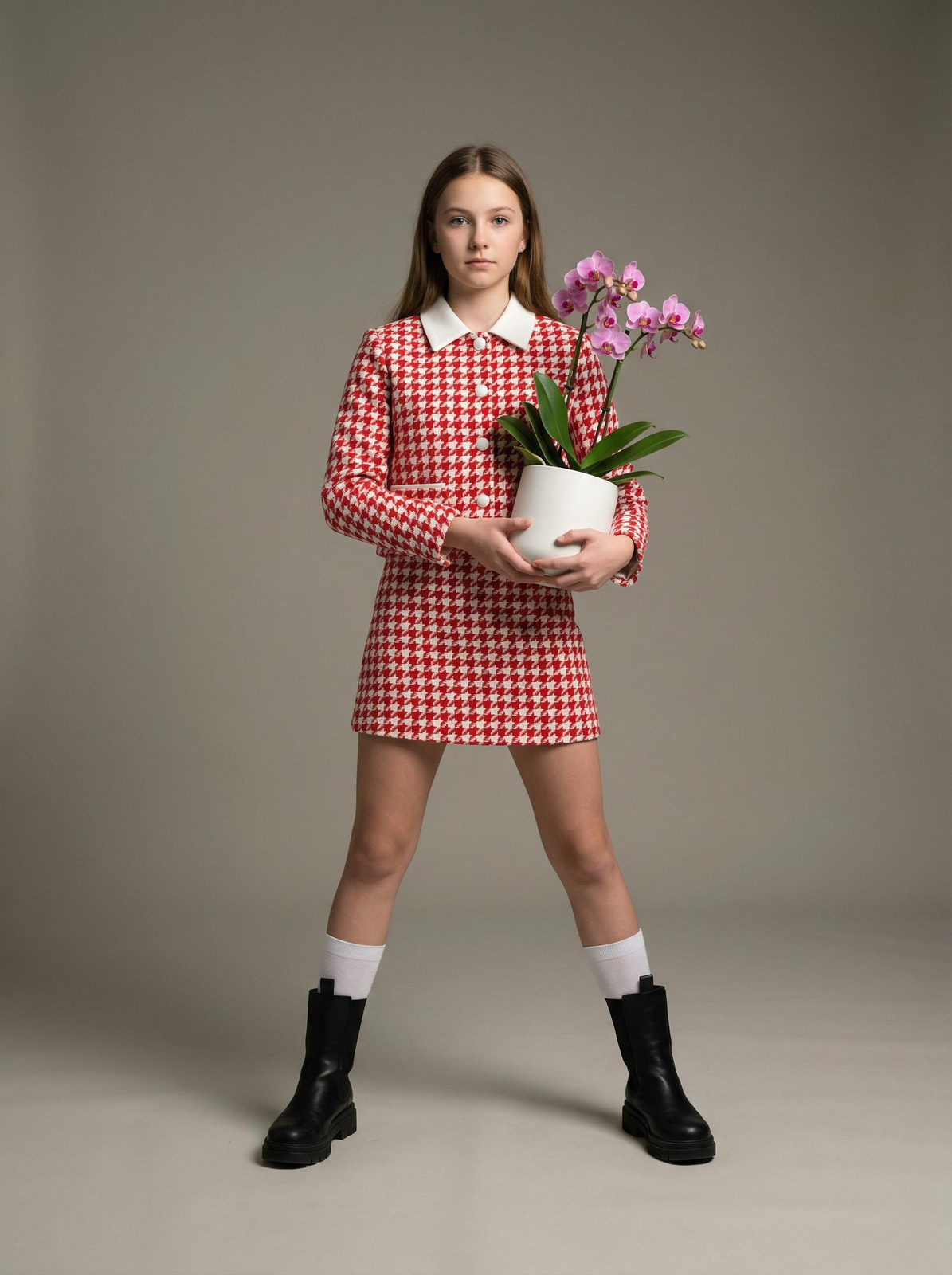 Girl in Houndstooth Suit with Orchid Plant Portrait