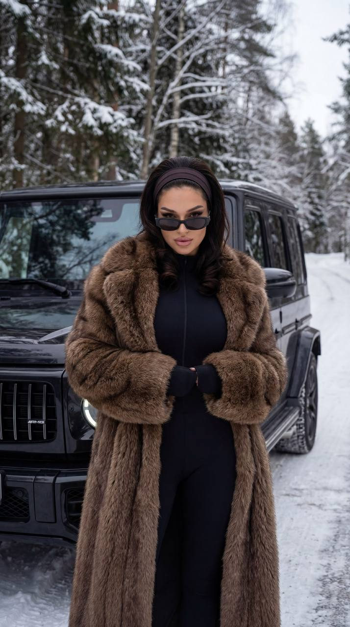 Woman in Black Fur Coat by Mercedes G63 in Snow
