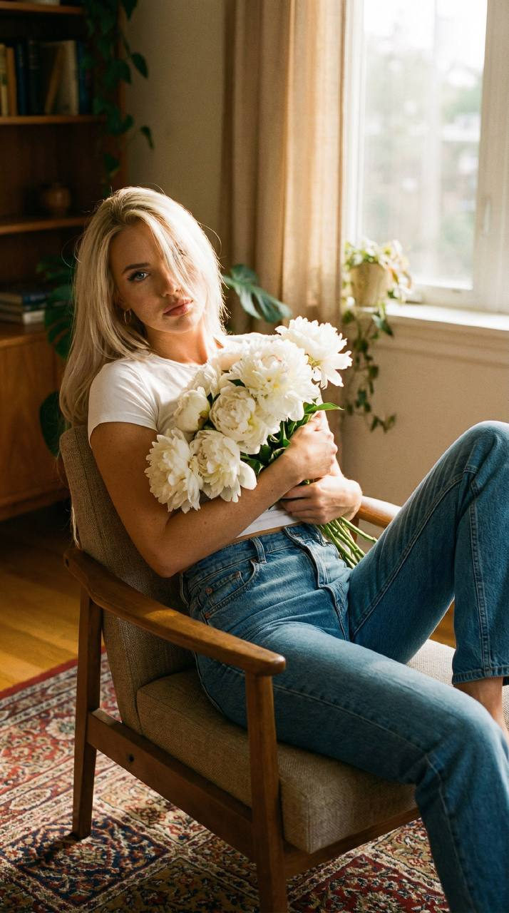 White Peonies Wooden Chair