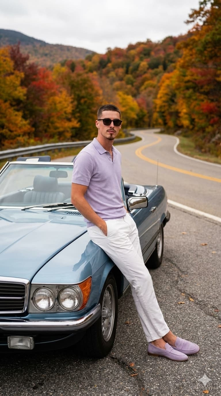 Man Leaning on Classic Blue Mercedes Convertible