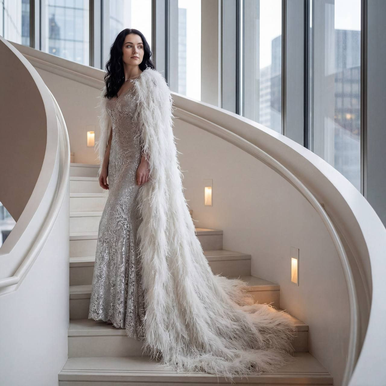 Silver Dress Feathered Cape