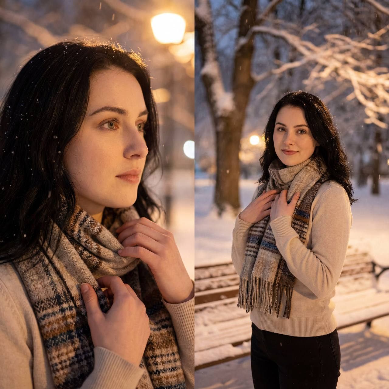 Winter Night Portrait of Elegant Woman in Snowy Park