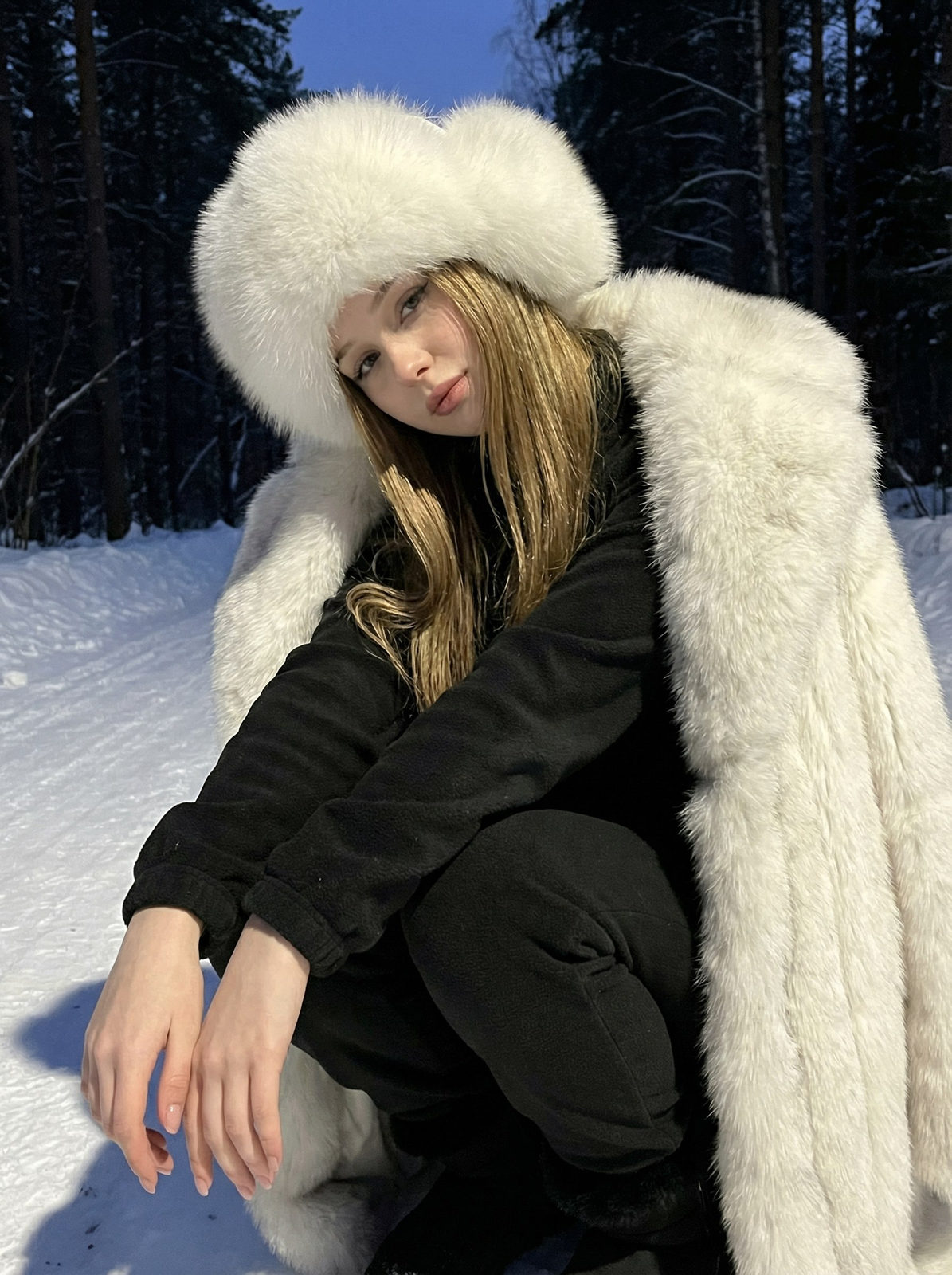 Fur Hat Snowy Squat
