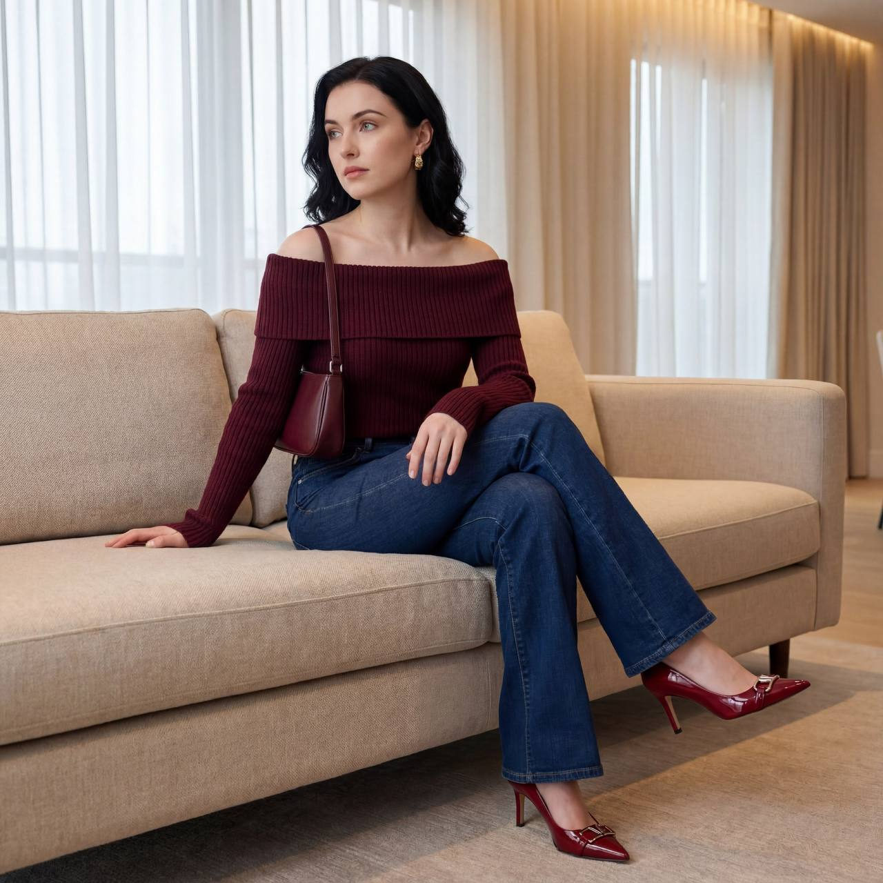 Burgundy Sweater Beige Sofa