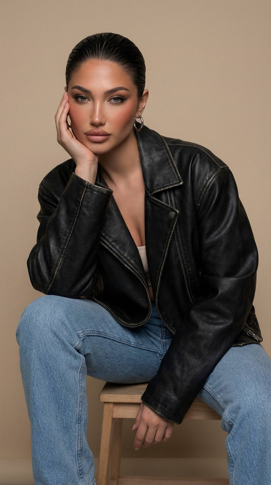 Calm Confidence Woman in Leather Jacket Studio Portrait