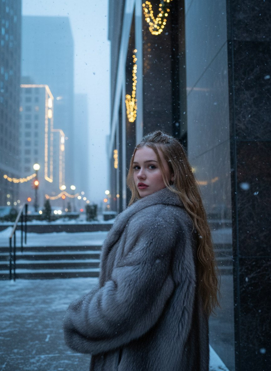 Gray Fur Coat Snowfall