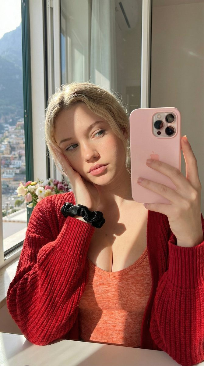 Red Cardigan Mirror Selfie