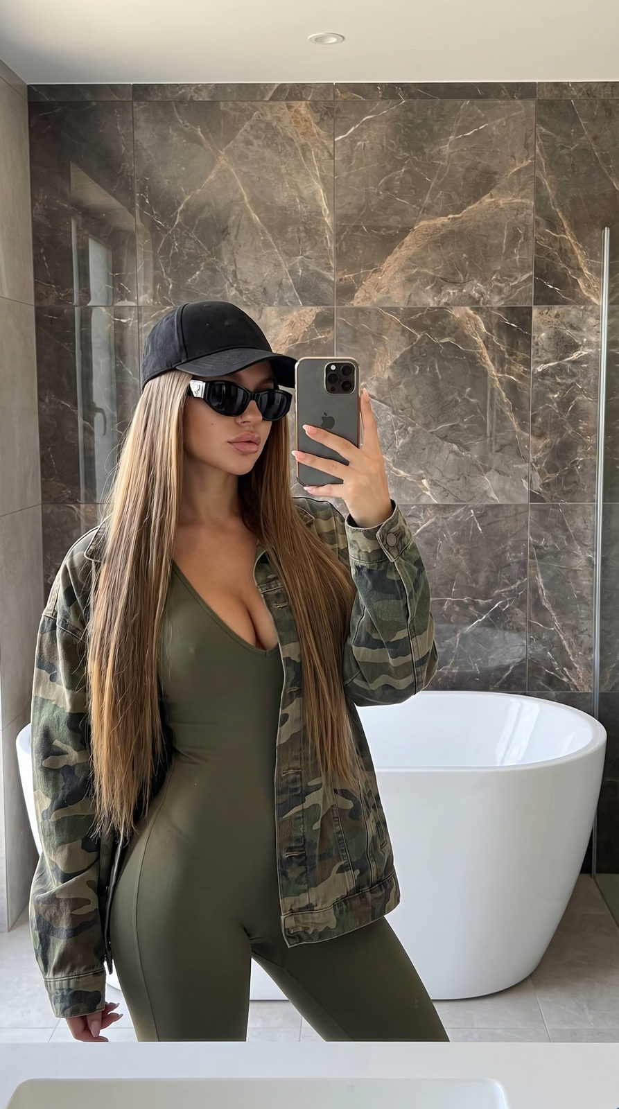 Olive Jumpsuit Mirror Selfie