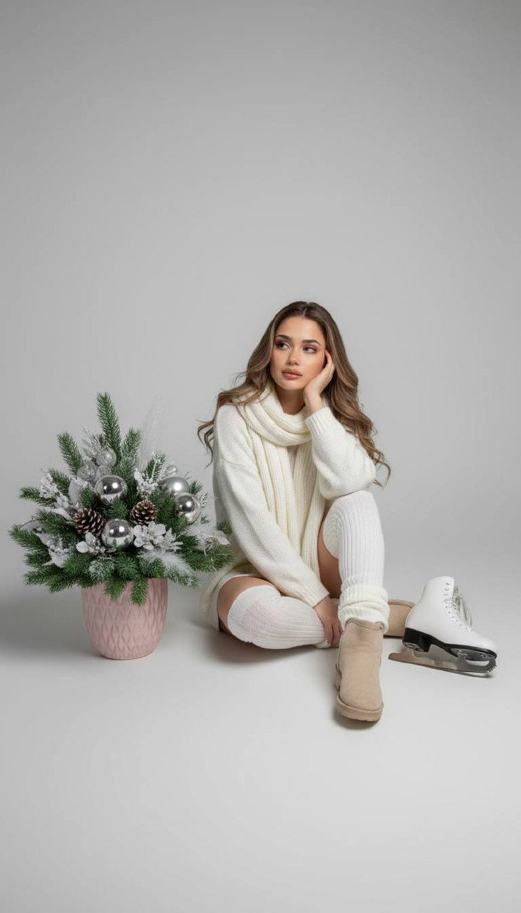Dreamy Winter Skater Portrait in White Sweater with Pine Decor
