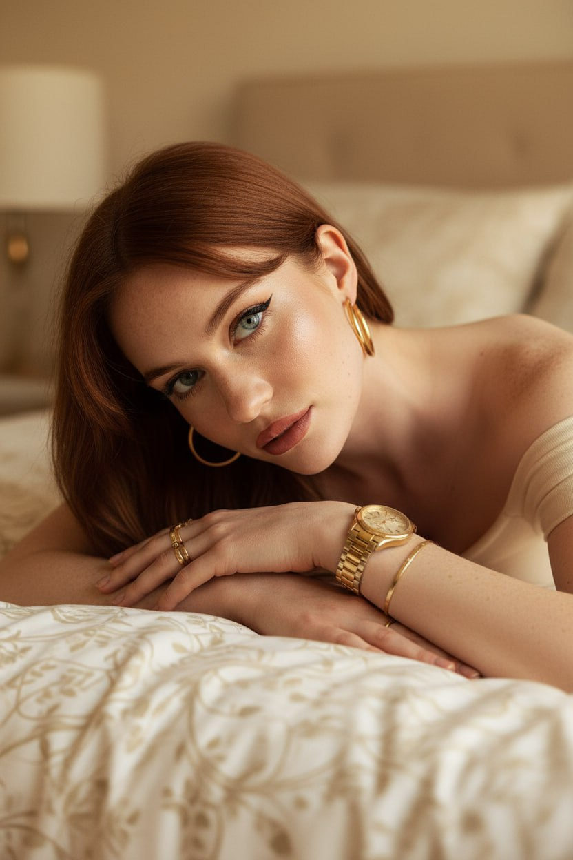 Intimate Portrait of a Woman with Gold Accessories on a Bed