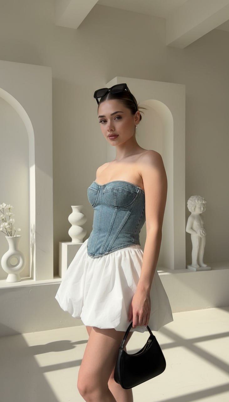 Minimalist Studio Fashion Portrait with Denim Corset