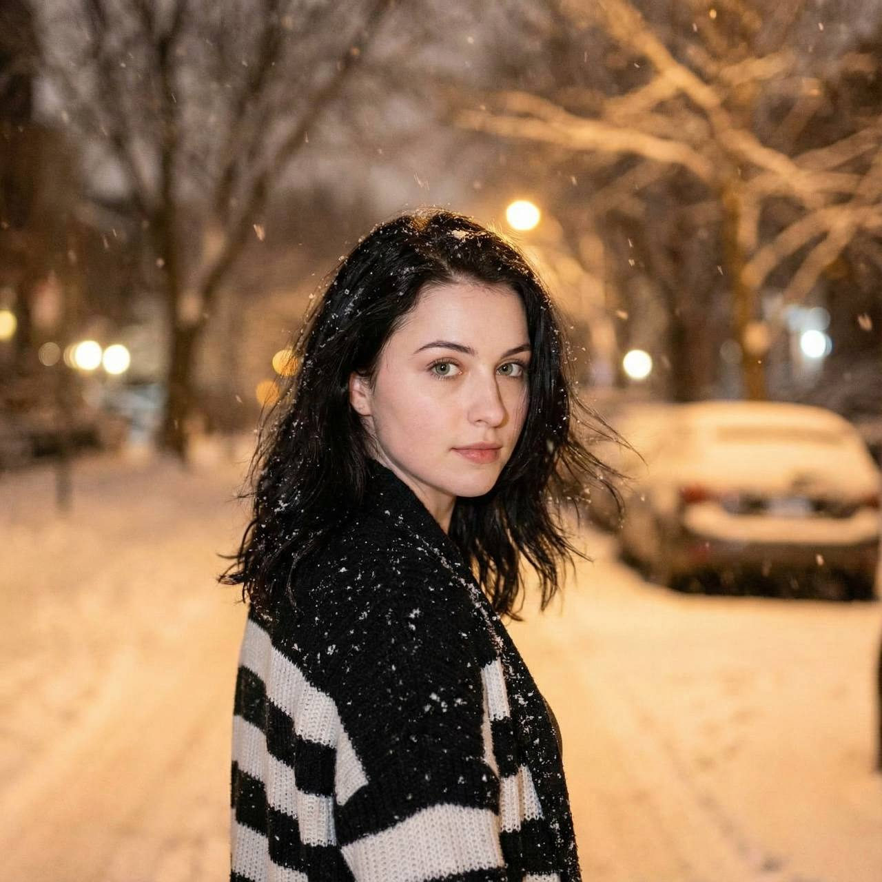 Striped Cardigan Snowy Street