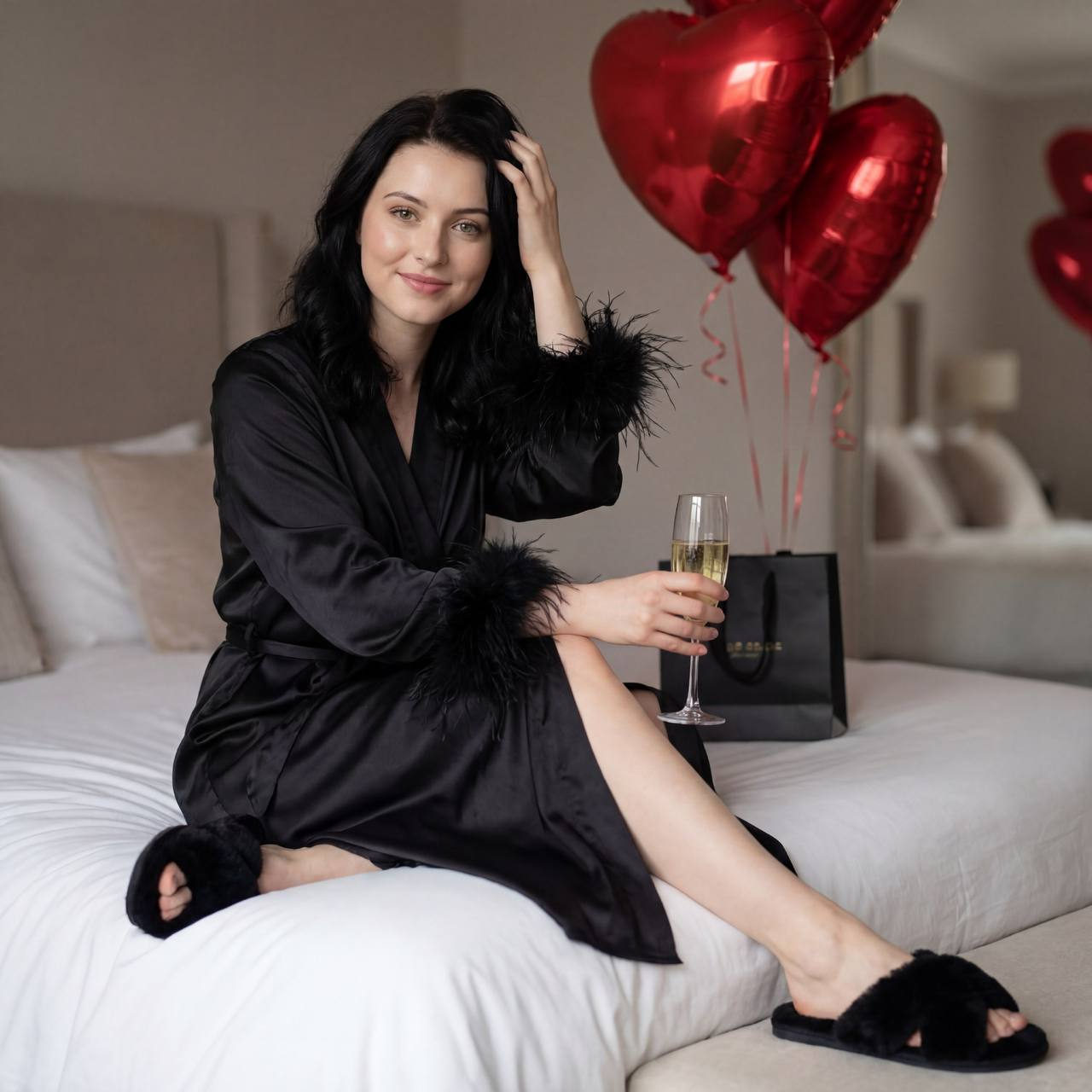 Black Robe Champagne Bed