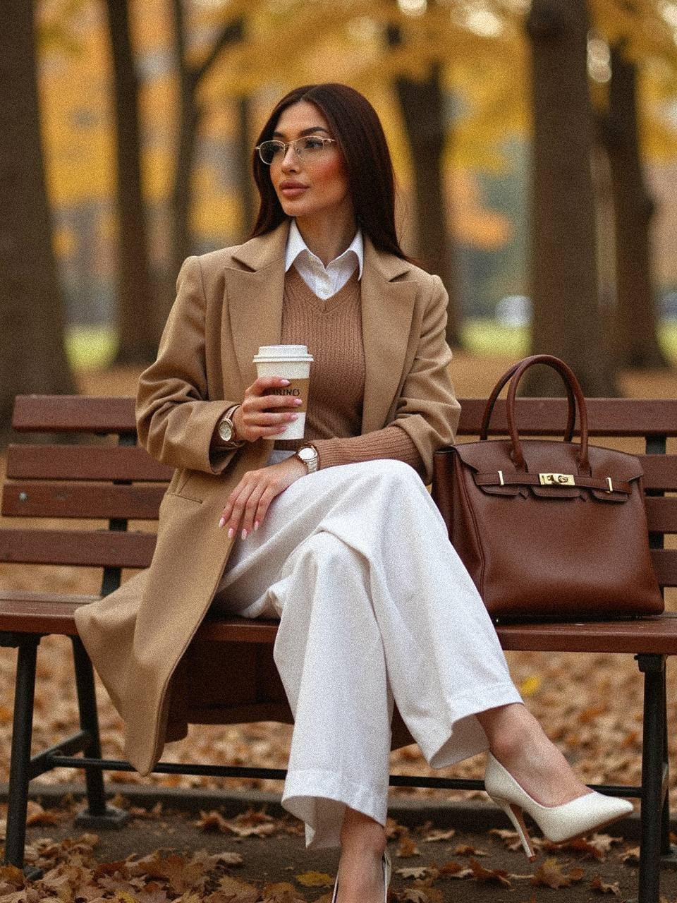 Camel Coat Autumn Bench