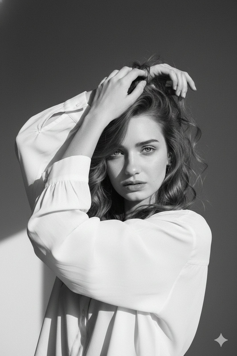 High-Fashion Black and White Editorial Portrait with Dramatic Pose